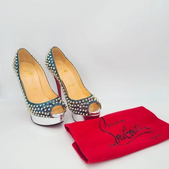 CHRISTIAN LOUBOUTIN Pumps Lady Peep Spike 150 Heels 36 Turquoise Violet Silver - Picture 3 of 10
